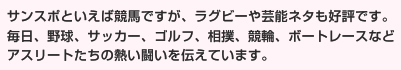 サンスポといえば競馬ですが、ラグビーや芸能ネタも好評です。毎日、野球、サッカー、ゴルフ、相撲、競輪、ボートレースなどアスリートたちの熱い闘いを伝えています。